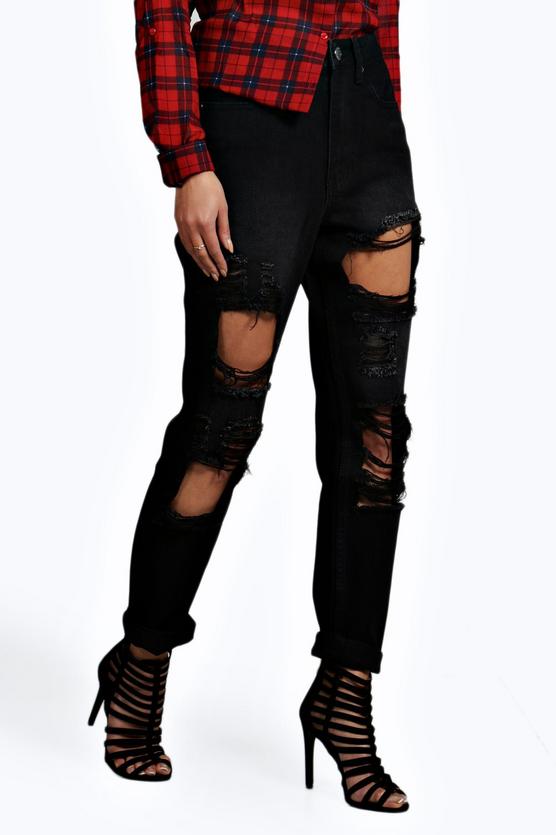 Maisie Black Dirty Wash Distressed Mom Jeans